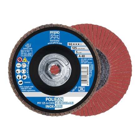 Pferd 5" x 5/8-11 Thd. POLIFAN Flap Disc - A-COOL SG INOX+ALU, Aluminum oxide, 40 Grit, Flat 62377